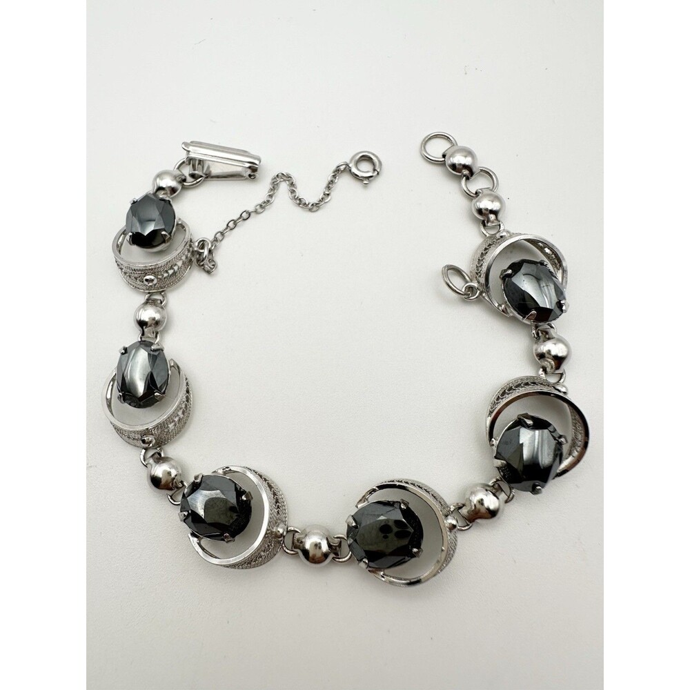 Vintage Sorrento Sterling Silver Rhodium Plated Hematite Bracelet 7.25”